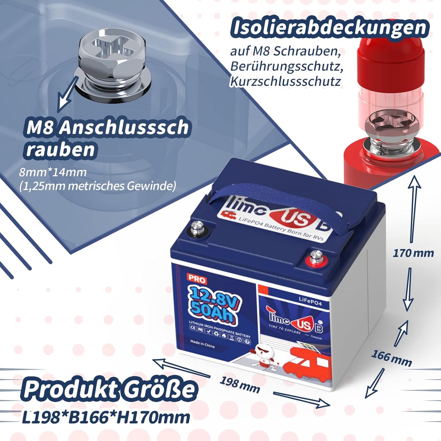 Timeusb 12V 50Ah Pro LiFePO4 Batterie, 15000+ Zyklen LiFePO4 Akku mit Klasse A Batteriezellen, 50A BMS,Tiefzyklus-Lithium-Batterie für Solaranlage, Wohnmobil, Trolling-Motor,Rasenmäher