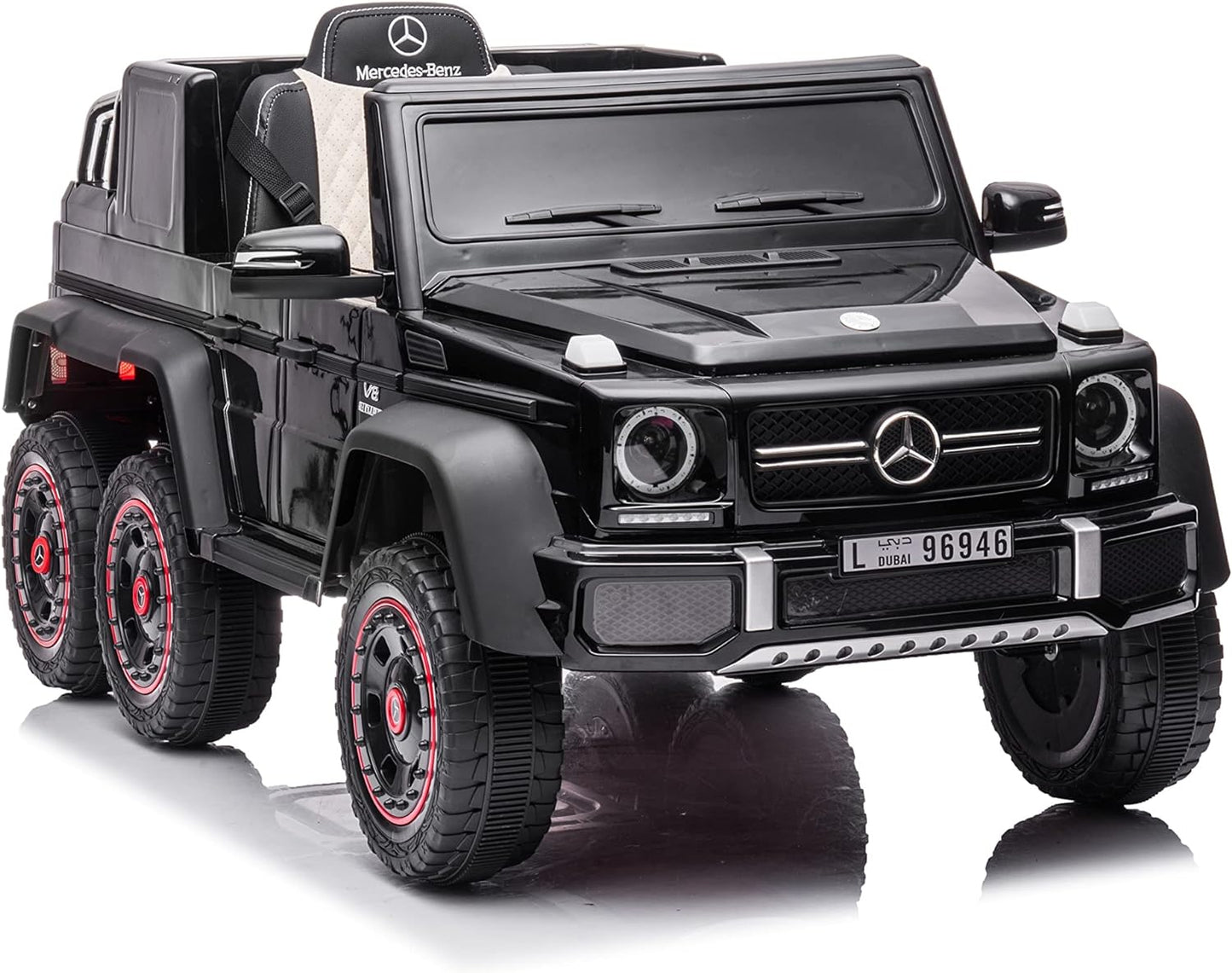 FINOOS Mercedes G63 6X6 AMG kinderauto 12V, Kinder elektroauto 4X45W, Mit Gummireifen, Ledersitz Mit 2.4G Fernbedienung (Schwarz)