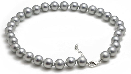 Perlenkette für Damen - 45cm Länge mit 12mm großen grauen runden Mallorca Perlen - Elegante Kette mit Muschelkernperlen für jeden Anlass